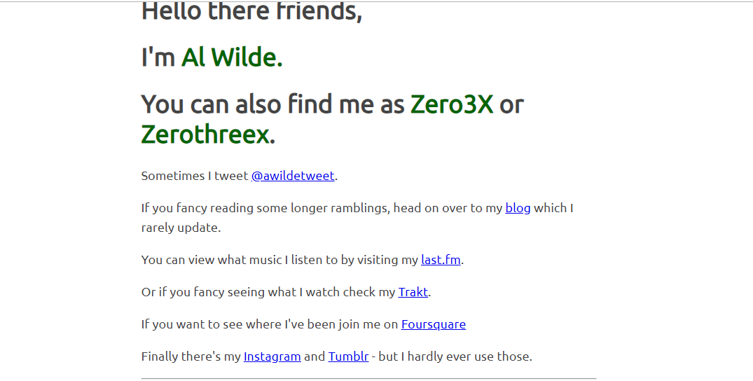 Screenshot of alwilde.com from October 2019