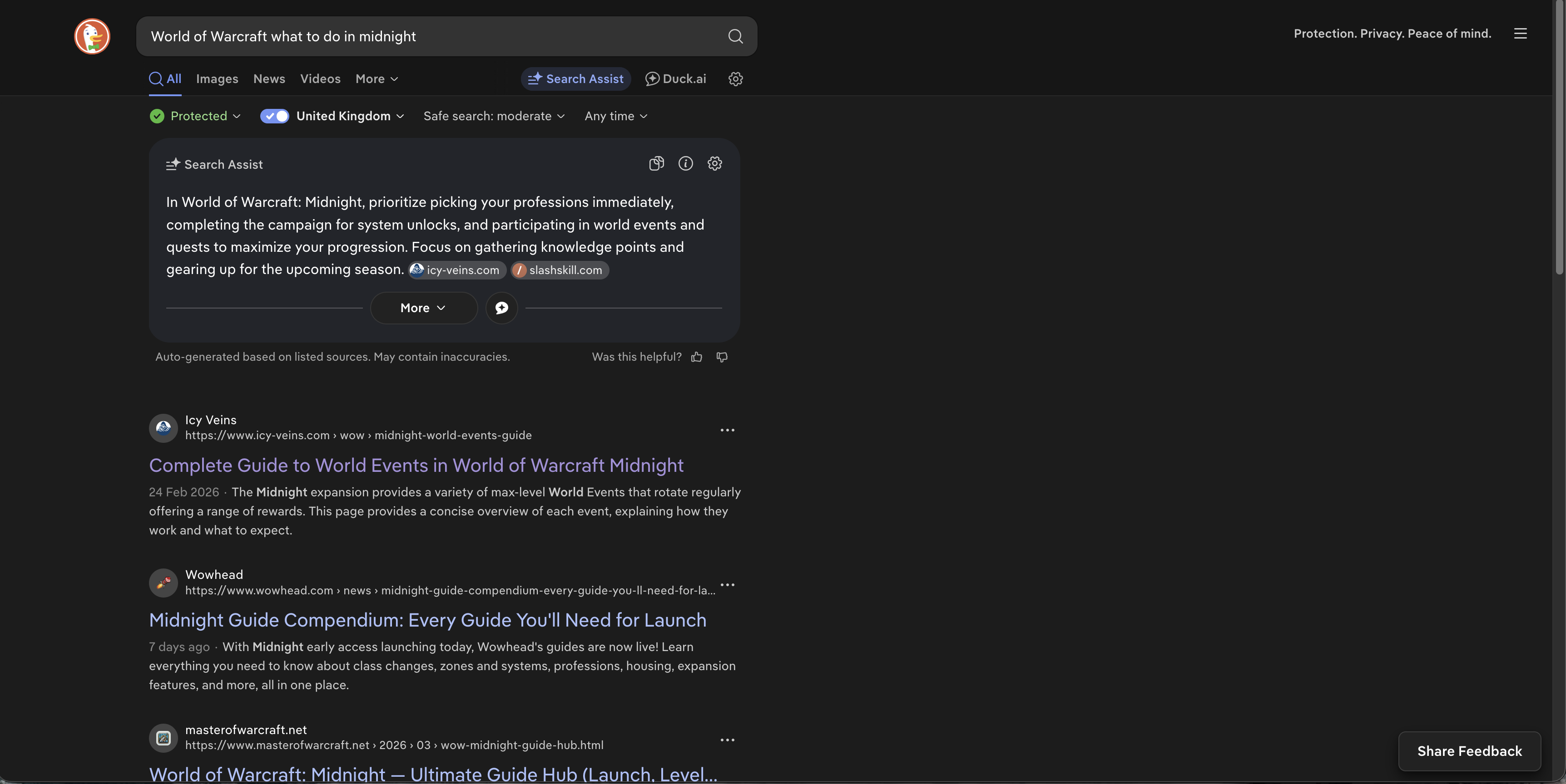 DuckDuckGo search results for World of Warcraft what to do in Midnight