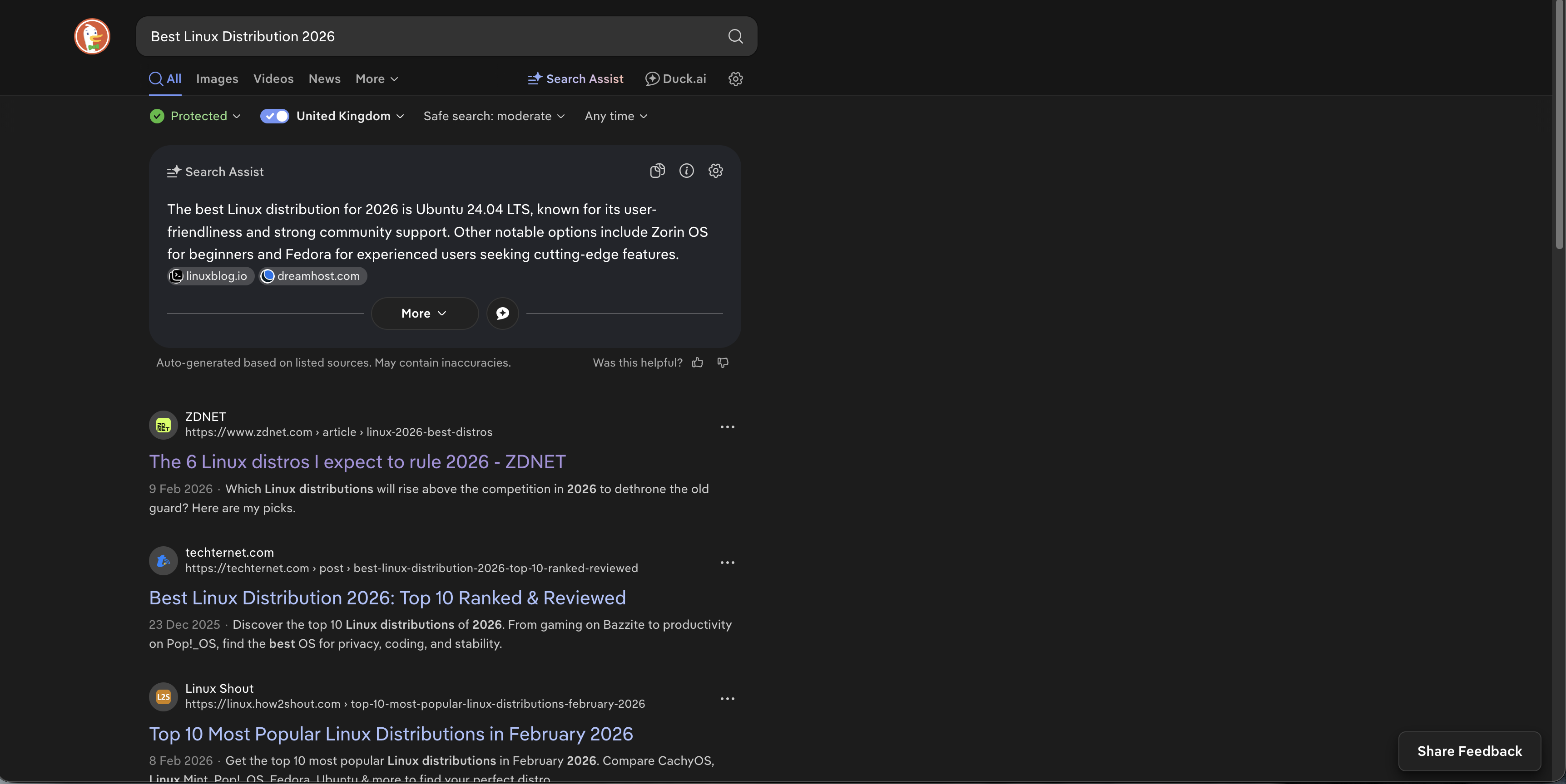 DuckDuckGo search results for Best Linux Distribution 2026