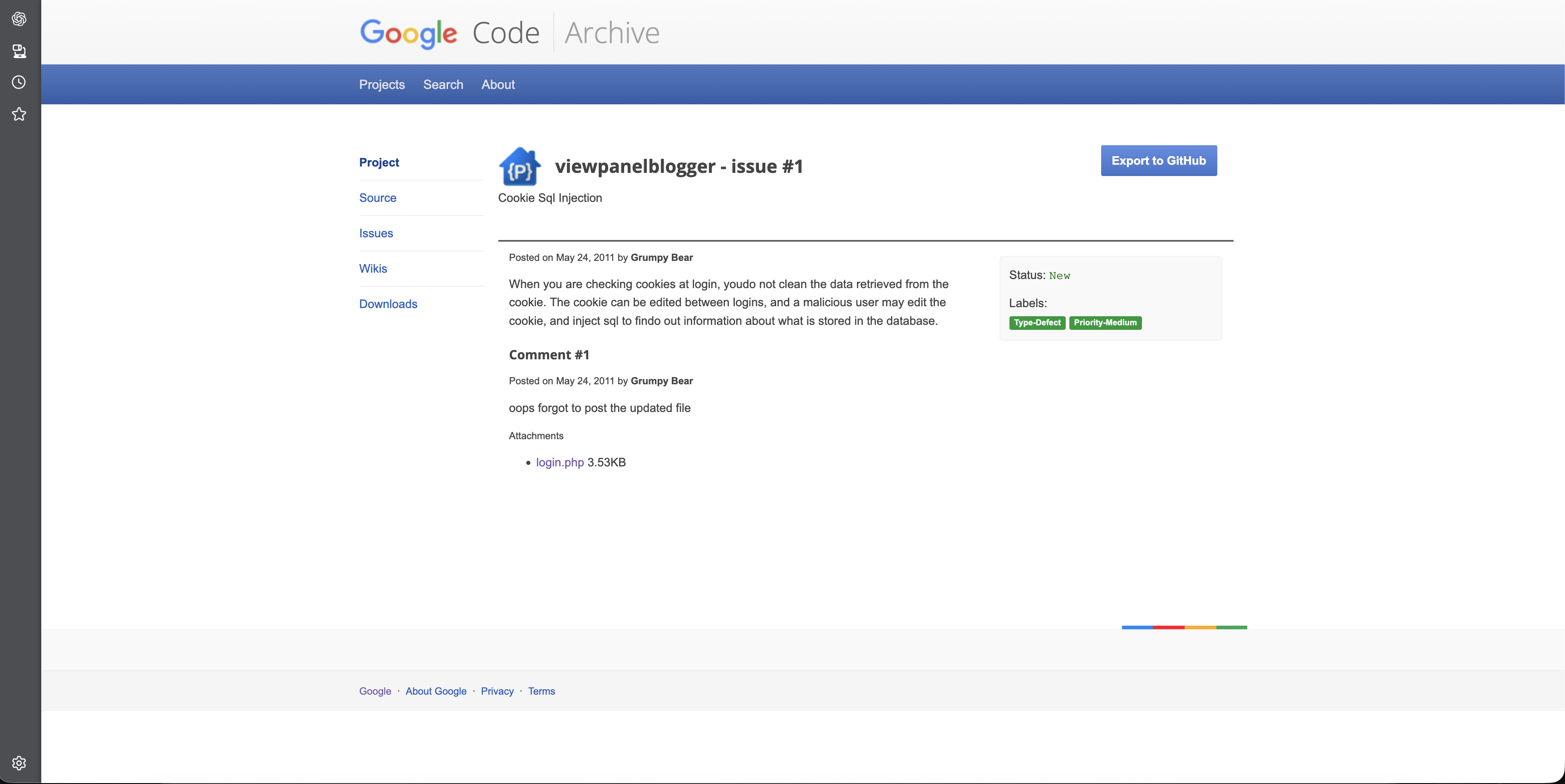 A screenshot of Grumpy Bear's Google Code issue
